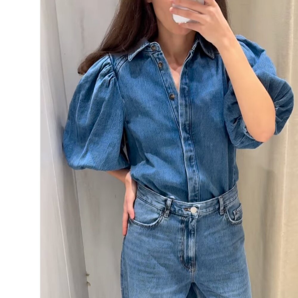 Zara ZW COLLECTION DENIM BLOUSE Puff sleeves Blue S M L NWT - Picture 5 of 15